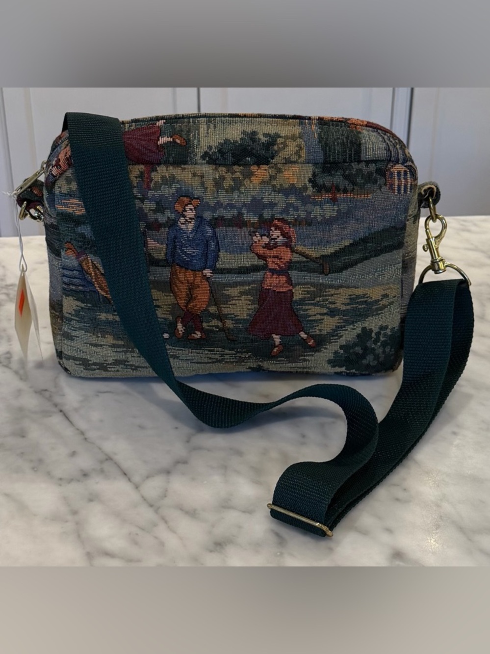 VINTAGE Tapestry Shoulder Handbag w/ Golf Scene - by Holdings Fine Accessories